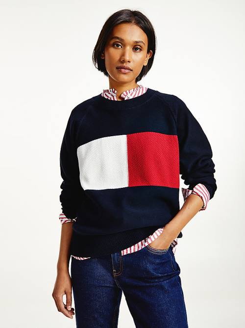 Swetry Tommy Hilfiger Organic Bawełniane Colour-Blocked Flag Jumper Damskie Niebieskie | TH870KXQ