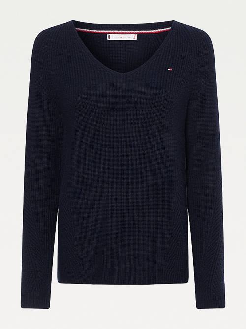 Swetry Tommy Hilfiger Organic Bawełniane V-Neck Jumper Damskie Niebieskie | TH930NBM