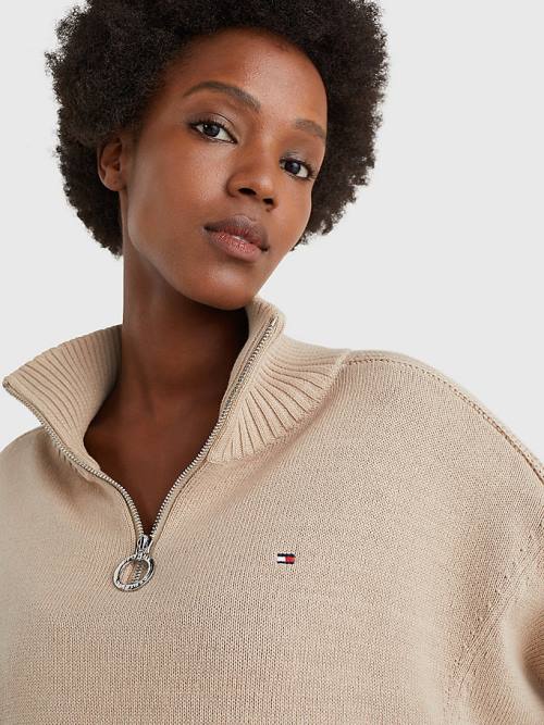 Swetry Tommy Hilfiger Oversized Half-Zip High Neck Jumper Damskie Beżowe | TH487TUA