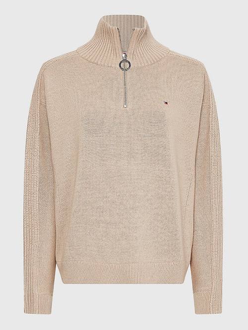 Swetry Tommy Hilfiger Oversized Half-Zip High Neck Jumper Damskie Beżowe | TH487TUA