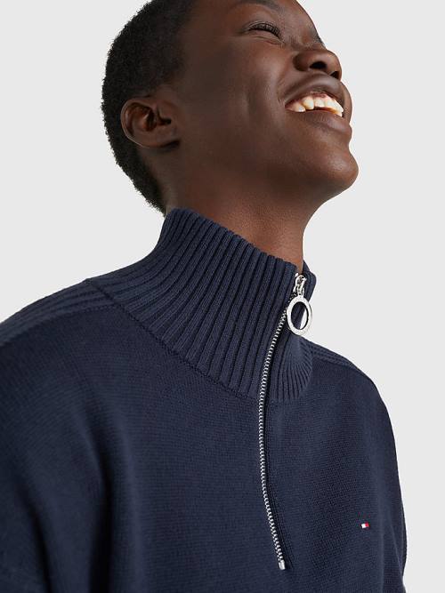 Swetry Tommy Hilfiger Oversized Half-Zip High Neck Jumper Damskie Niebieskie | TH496OMJ