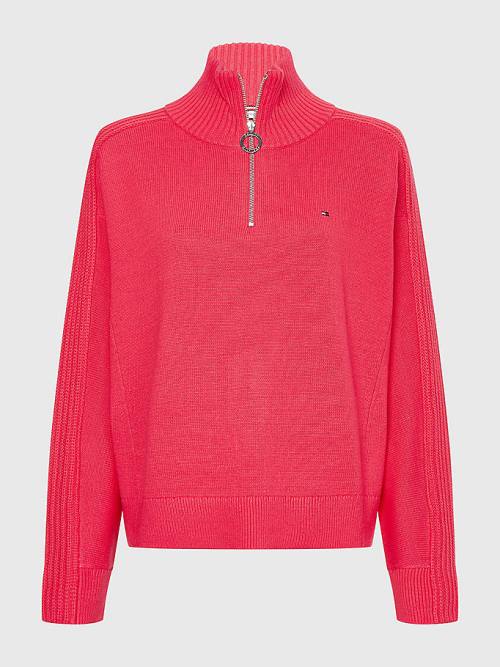 Swetry Tommy Hilfiger Oversized Half-Zip High Neck Jumper Damskie Różowe | TH748FOW