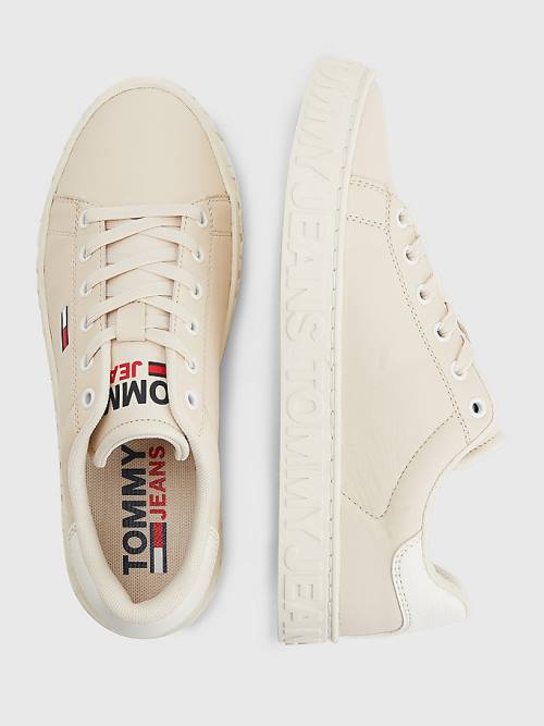 Trampki Tommy Hilfiger Logo Skórzane Cupsole Damskie Beżowe | TH156JWD