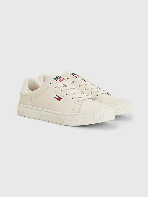 Trampki Tommy Hilfiger Logo Skórzane Cupsole Damskie Beżowe | TH156JWD