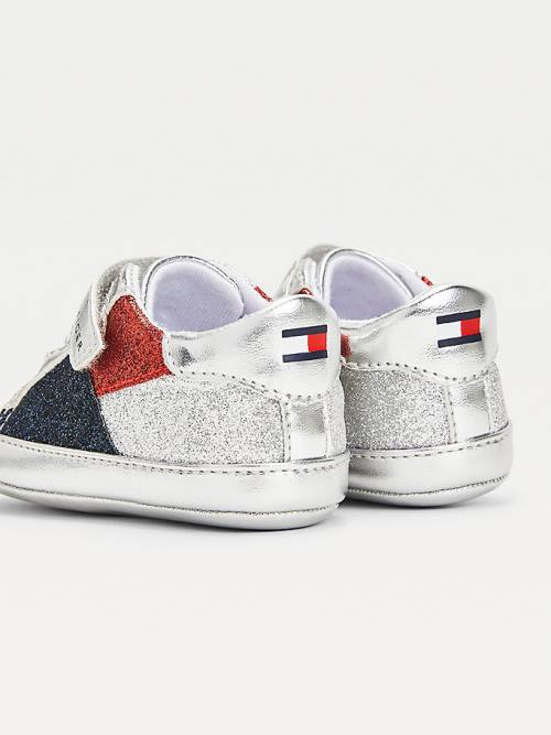 Trampki Tommy Hilfiger Metallic Glitter Koronkowe-Up Dziewczynka Srebrne | TH390RHD