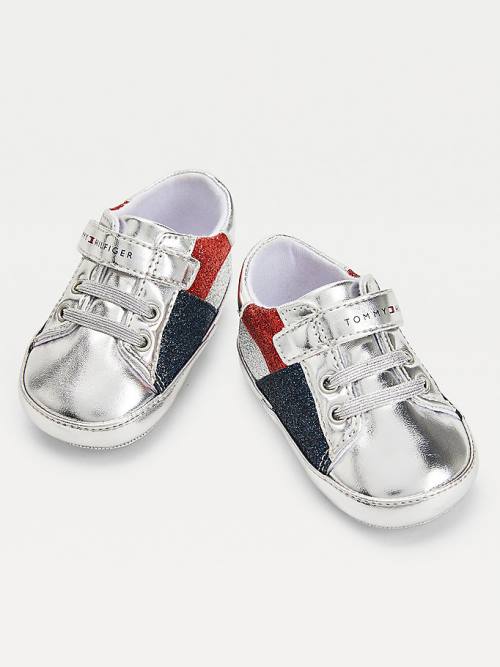 Trampki Tommy Hilfiger Metallic Glitter Koronkowe-Up Dziewczynka Srebrne | TH390RHD