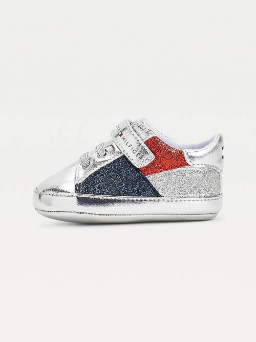 Trampki Tommy Hilfiger Metallic Glitter Koronkowe-Up Dziewczynka Srebrne | TH390RHD